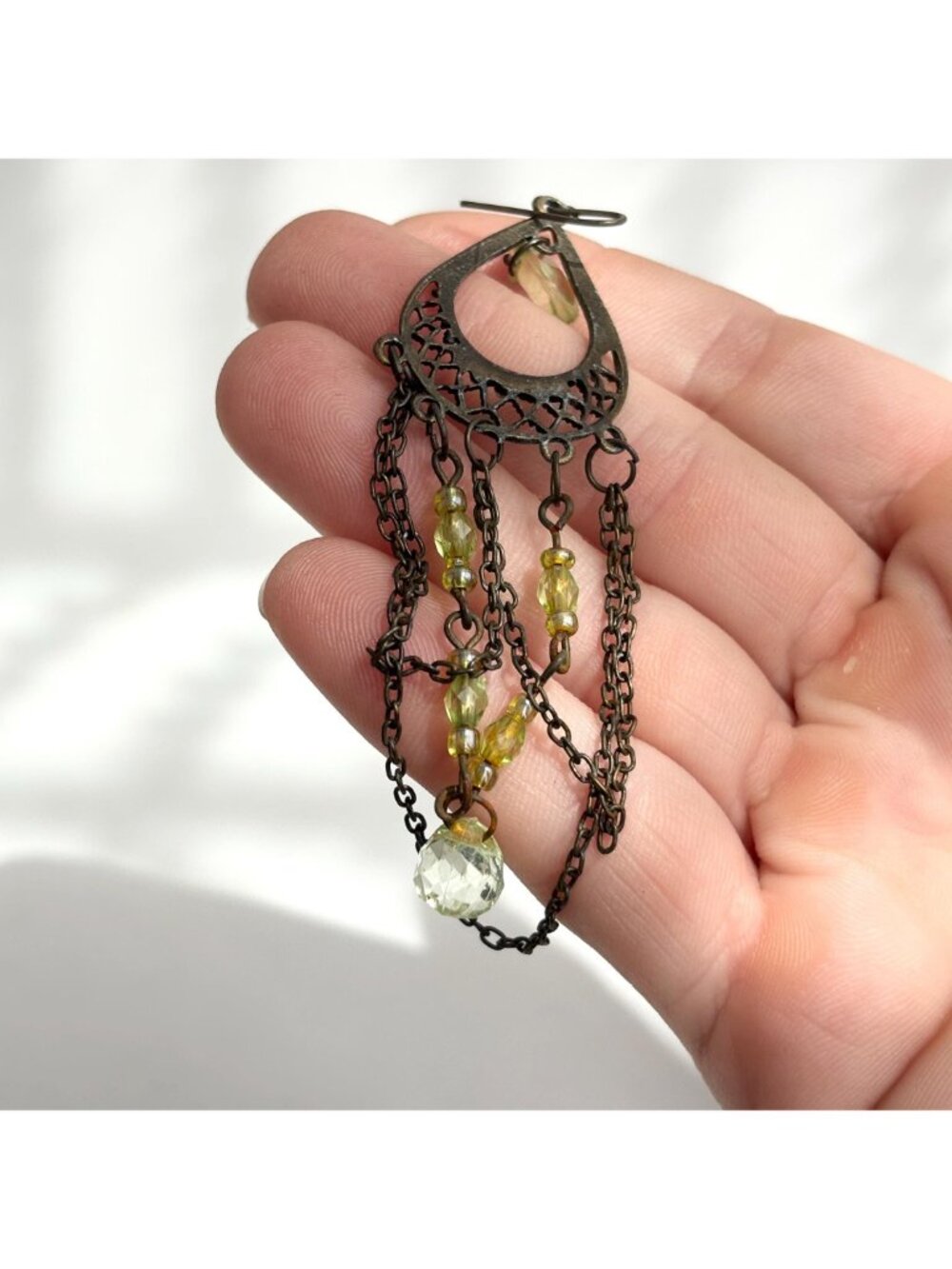 Ultra Dark Silver Toned Green Rhinestone Chandelier Vintage Dangle Earrings - Picture 4 of 13